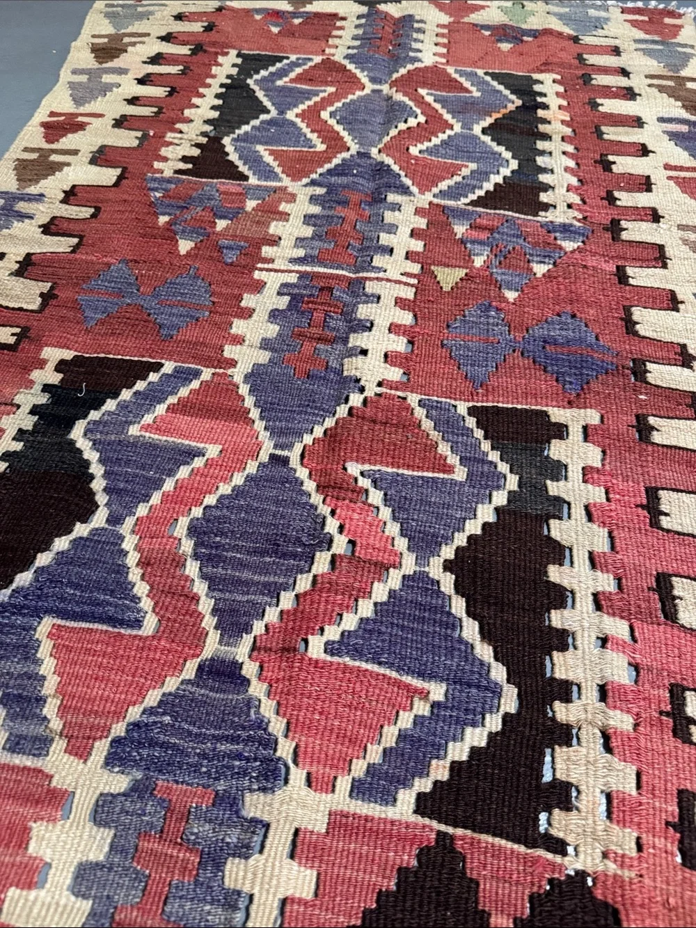Vintage Handwoven Geometric Kilim Rug - Red, Purple, Cream